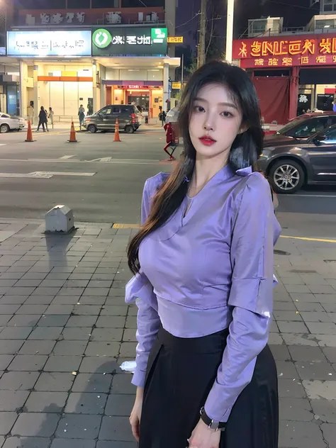 Arad woman in purple blouse and black dress standing on the sidewalk, Korean girl, jaeyeon nam, Gorgeous young Korean woman, Choi Hyun-hwa, roseanne park of blackpink, Shin Jinying, beautiful Korean women, Korean woman, With long hair, Beautiful young Kore...