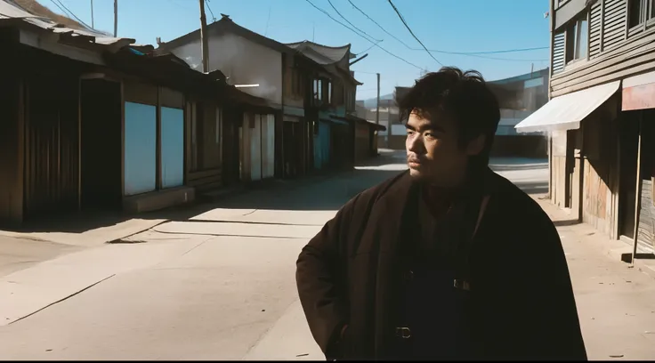 A 30-year-old Asian man，Smoking，hobo。shuge。Street side，favela。full body photo。 tmasterpiece。best qualtiy。