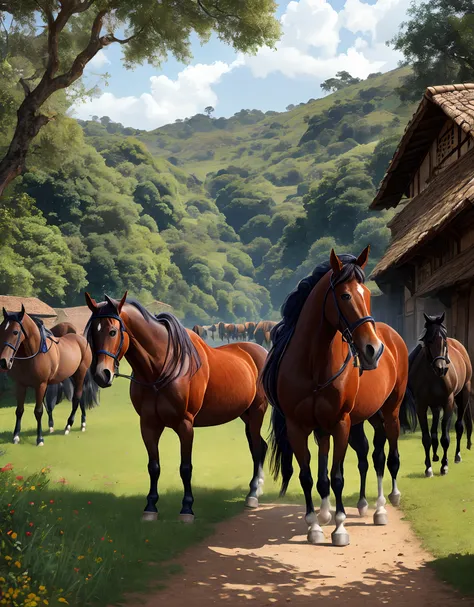 A horse with a saddle，The background is a herd of horses,villages,Beautiful surroundings, group portraits, pastoral,Brazil , hyper realistic detailed, Intricate, 4K --auto --s2