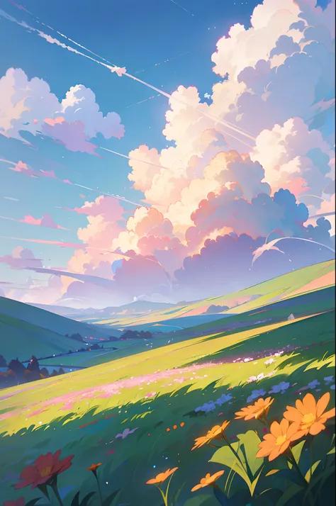 anime scenery of a field with flowers and a plane in the sky, beautifull puffy clouds. anime, anime clouds, anime countryside landscape, anime landscape, ross tran. scenic background, detailed scenery —width 672, rhads and lois van baarle, style of makoto ...