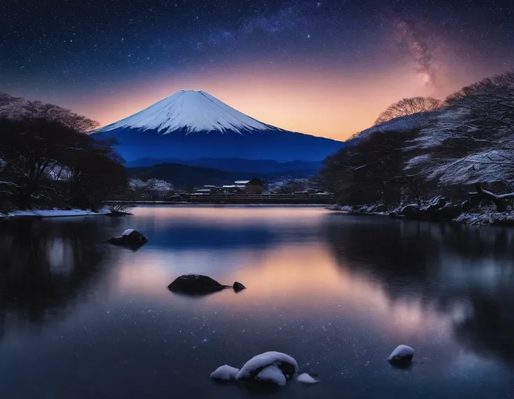 Snow-capped Mt. Fuji，under the starry night sky，spectacular，Panorama Figures