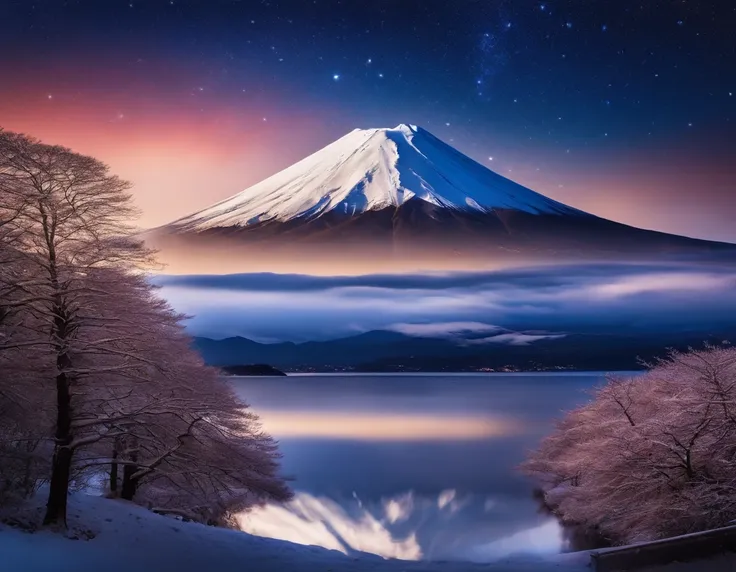 Snow-capped Mt. Fuji，under the starry night sky，spectacular，Panorama Figures