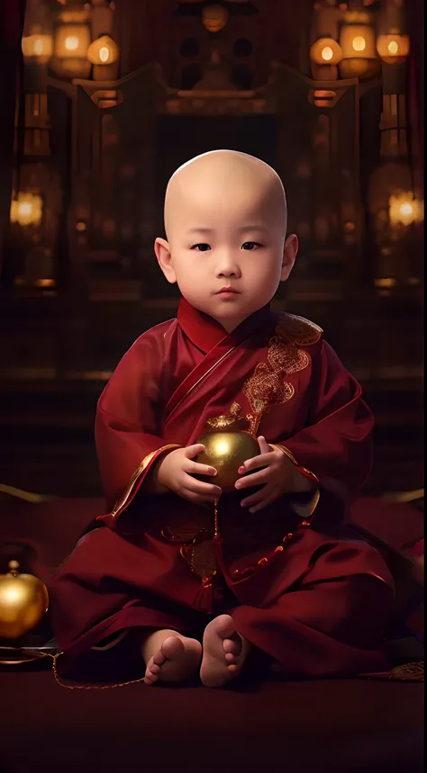 Arad baby in red robes，Holding a golden ball in his hand, lovely digital painting, monk clothes, buddhist monk, Portrait shooting, Buddhist, portrait of monk, monk, 2 1 st century monk, monk meditation, wearing gilded red robes, Buddhism, monk, close up po...