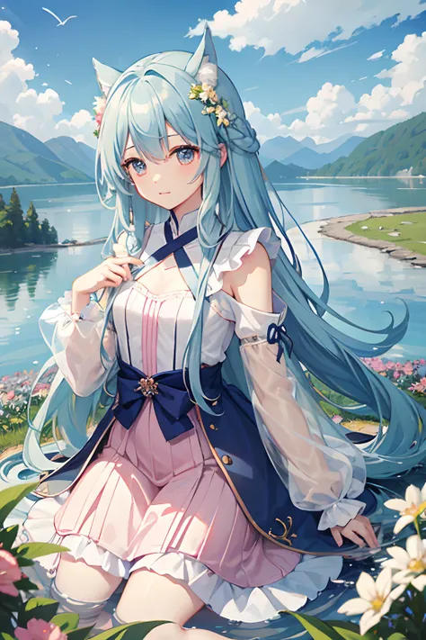 Pretty girl、Light blue long hair、pink  dress、autumnal、Pasture、a few small flowers、Clear lake、pecora、Heaven、Large clouds、blue open sky、Autumn weather、HD Detail、wet watermarks、Hyper-detailing、movie、surrealism、Soft light、Deep field focus bokeh、Snowy mountains...