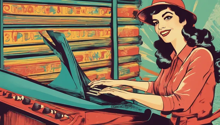 mulher trans tocando teclado musical, Funny, descabelada, 1960s style colors, highes definition, super detalhista