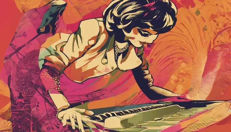 mulher trans tocando teclado musical, Funny, descabelada, 1960s style colors, highes definition, super detalhista