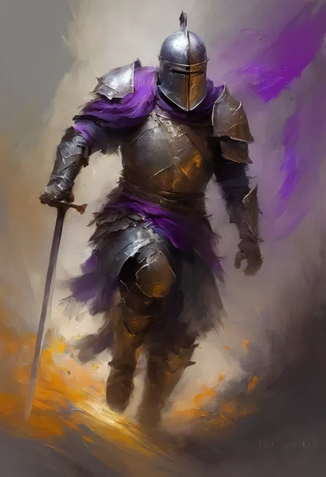 Strong Male,Paladin Knight,walking,helmet on, Centered,purple scarf, Looking at the camera, Facing the camera, Approaching perfection, Dynamic, Highly detailed, Smooth, Sharp Focus, 8K, hight resolution, Illustration, art by carne griffiths and wadim kashi...