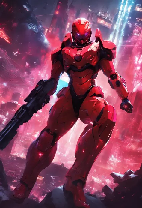 (best quality,highres,masterpiece:1.2),ultra-detailed,realistic,blonde man, laser gun as my left arm, red bodysuit, futuristic scene, dimly lit background, intense expressions, action-packed, bold brushstrokes, cyberpunk aesthetics, vibrant colors, dynamic...