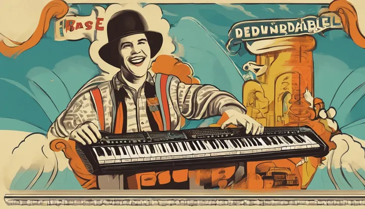 funny keyboardist, descabelado, 1960s style colors, highes definition, super detalhista