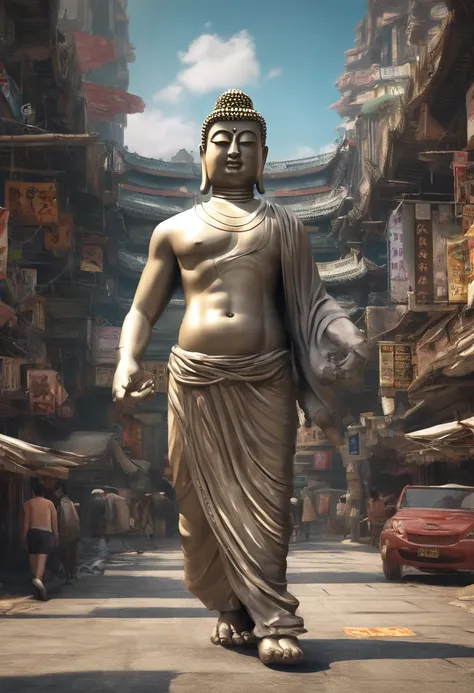 （The upper body of a giant tall Buddha statue in the distance：1.5，），（race
Bopunk city background：1.2），（真实感：1.4），（best qualtiy：1.0），（Super high ratings：1.0），8K， RAW photos，（tmasterpiece：0.2），ultra - detailed，(Pilgrims on the road：0.8)