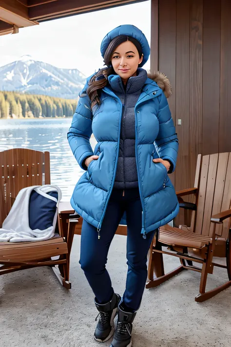 Make a woman with big breast, Blue long winterjacket , with open zipper, with face, body, Lakeside house, travel bag, dog,Nude