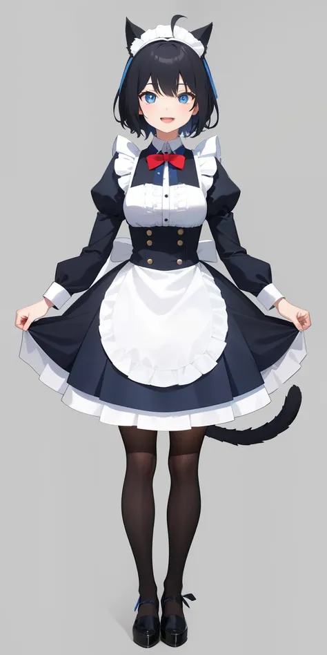 Full body,(( Upright)), ((Arms at sides)), Looking at Viewer, Simple background, 1girl in, Open mouth, Smile, Virtual Youtuber、girl with、、((Best Quality, high_resolution, Distinct_image)),(Black hair), (Black cat ears), (Ahoge), (absurdly short hair), (Wav...