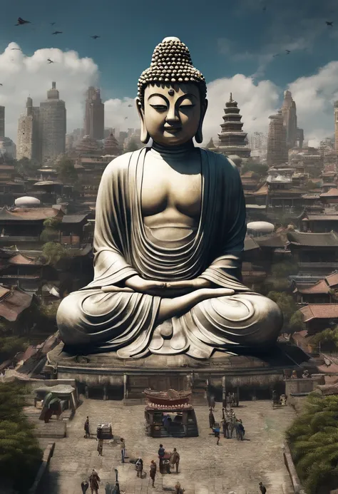 （The upper body of a giant tall Buddha statue in the distance：1.5，），（race
Bopunk city background：1.2），（真实感：1.4），（best qualtiy：1.0），（Super high ratings：1.0），8K， RAW photos，（tmasterpiece：0.2），ultra - detailed，(Pilgrims on the road：0.8)