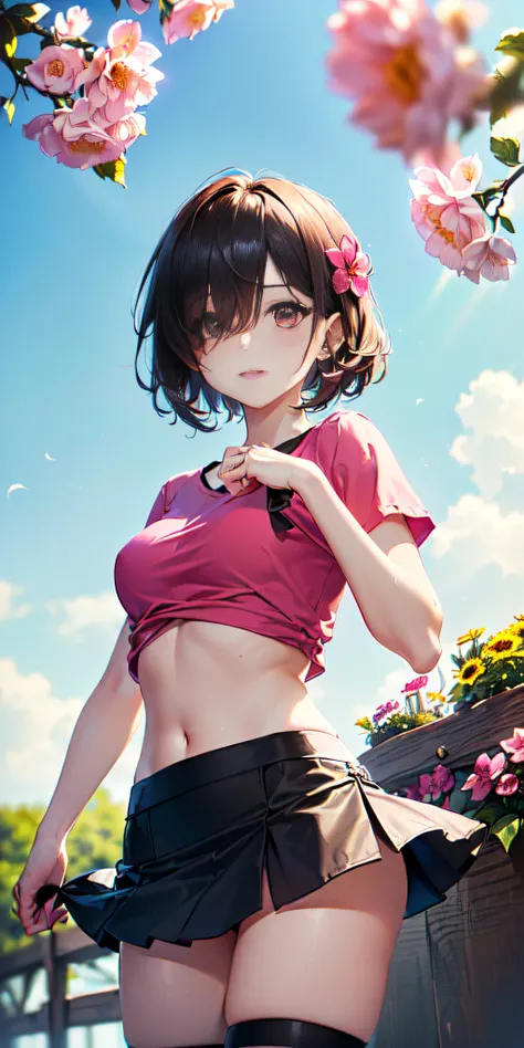 (((masterpiece, best quality, High Resolutions, hmeliza, 1girl, Hair over one eye, jewely, single thighhigh, midriff, black skirt, asymmetrical legwear, Pink shirt, black thighs, beltt, short miniskirt, Standing, Shot cowboy, outdoor, Featured, Flower )))