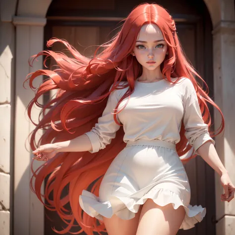 (best quality, highres, ultra-detailed, realistic:1.37), anime style, detailed red long hair, beautiful large eyes, detailed lips, white shirt, white skirt, white shoes, youthful appearance, dynamic pose, vibrant colors, soft lighting