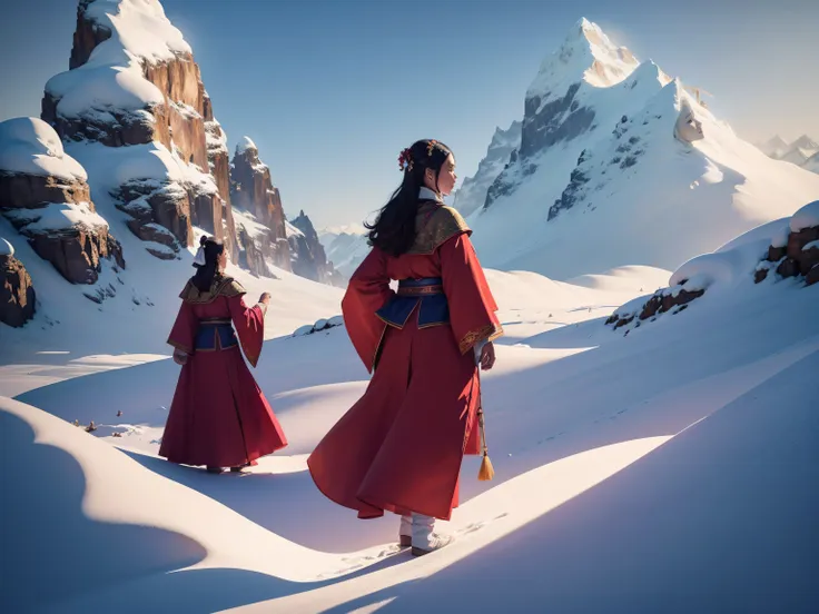 the ladies taoists on the snowy mountains, flying martial arts performance posture, the body characters are illuminated by a pur...