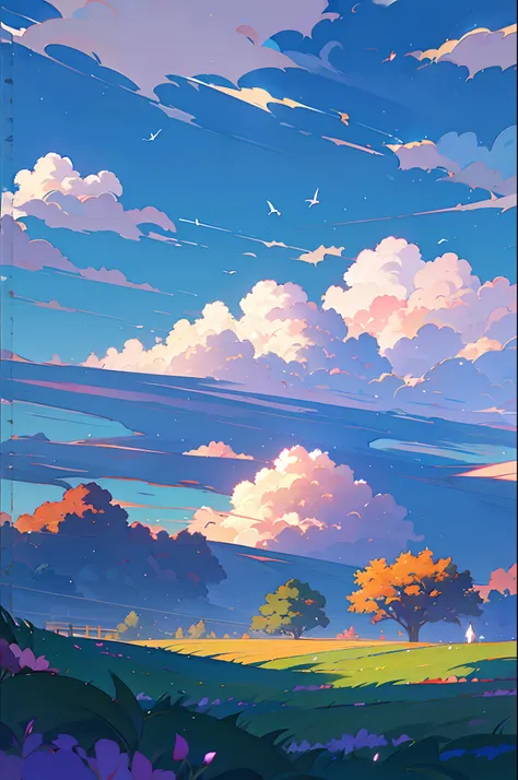 anime scenery of a field with flowers and a plane in the sky, beautifull puffy clouds. anime, anime clouds, anime countryside la...