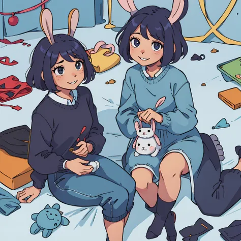 (best quality: 0.8), perfect anime illustration, 1 woman, sitting, knitting soft toys, short haircut, dark blue hair, smiling, rabbit toy