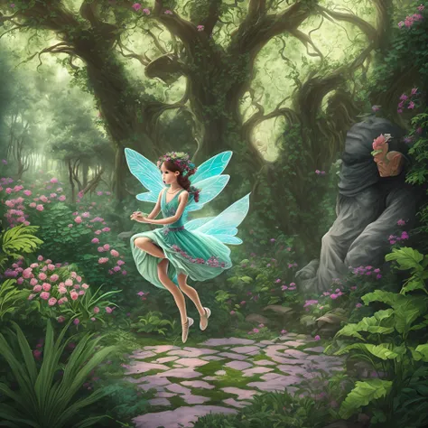 fairy dancing in a mysterious garden while being watched by a stone giant. --auto --s2