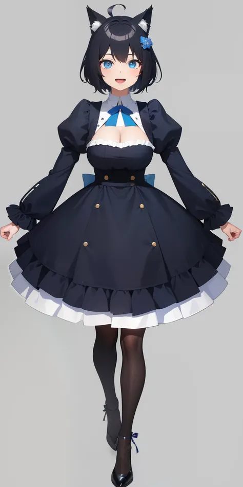 Full body,(( Upright)), ((Arms at sides)), Looking at Viewer, Simple background, 1girl in, Open mouth, Smile, Virtual Youtuber、girl with、、((Best Quality, high_resolution, Distinct_image)),(Black hair), (Black cat ears), (Ahoge), (absurdly short hair), (Wav...