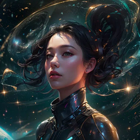 the girl with the pretty face floats in space, portrait of a black-haired young woman in zero gravity, the backdrop of the milky...