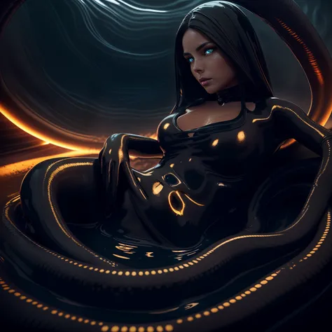 Brunette woman in a pool of black liquid, waist deep in black liquid, perfect face, glowing amber eyes, detailed face, silky smooth skin, stomach has alien tentacles, legs have black alien tentacles, dark foggy backgroun, dark foggy room, dark and gritty a...