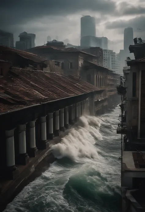 tidal waves，Armageddon，Greatwave，废墟，The run-down city creates a cinematic cityscape，A towering tsunami pounds the citys skyline. The lens should capture the absolute power and destructive power of the wave, The building in the foreground is partially subme...