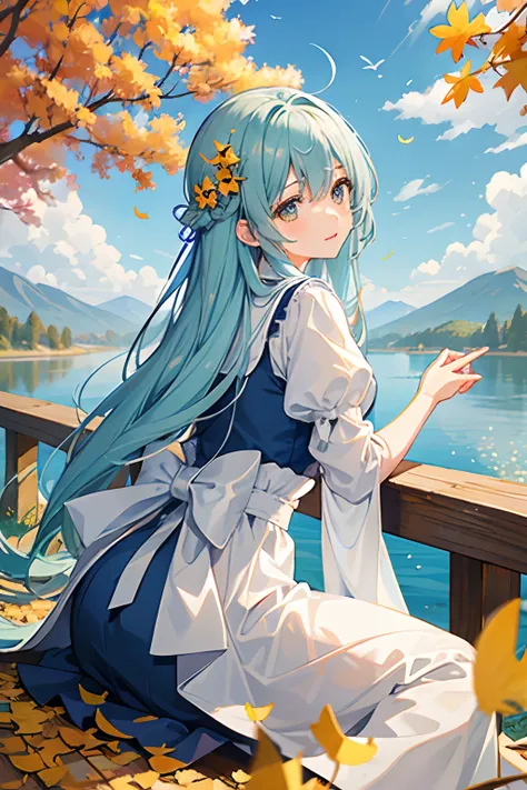 Pretty girl、Light blue long hair、Yellow and brown dresses、autumnal、Pasture、Bright autumn leaves and autumn leaves、Yellow ginkgo tree、Clear lake、Large clouds、blue open sky、Autumn weather、HD Detail、wet watermarks、Hyper-detailing、movie、surrealism、Soft light、D...