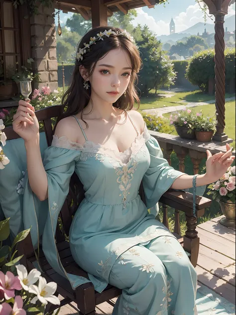 (masterpiece), (best quality), extremely delicate and beautiful, illustration, depth of field, HDR, intricate, delicate, fantasy backdrop, A wise old woman with kind eyes, sitting on a porch swing, surrounded by blooming flowers and lush greenery