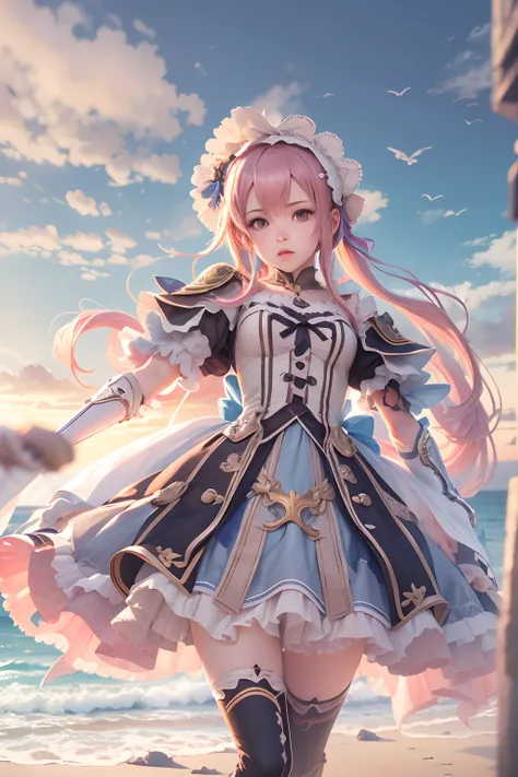 Seafront, Sunrise clouds, Long Sword Art Online, Lolita costume dress, Dynamic posture， 8K, High detail, hyper qualit, high resolution, 8k smooth, landscape shot, 8K, High detail, hyper qualit, high resolution, 8k smooth, landscape shot, super wide shot,  ...