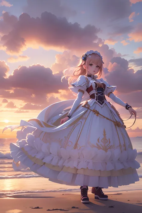 Seafront, Sunrise clouds, Longsword Art Online, Lolita costume dress, Dynamic posture， 8K, High detail, hyper qualit, high resolution, 8k smooth, landscape shot, 8K, High detail, hyper qualit, high resolution, 8k smooth, landscape shot, super wide shot,  i...