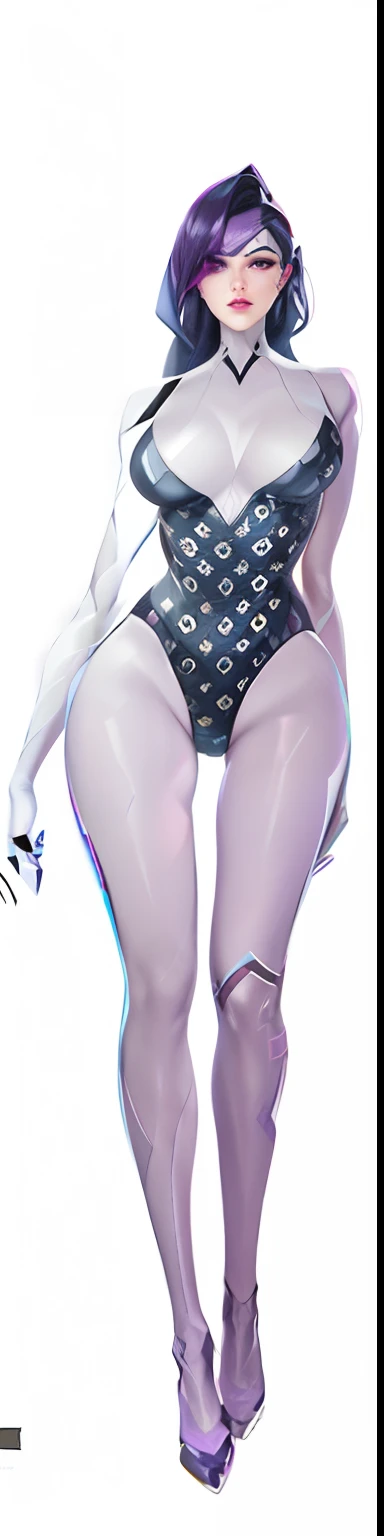 A cartoon of a woman in a black and white tights, thick smooth warframe thighs, widowmakers former lover, widowmaker, 《overwatch》Moira, SpiderGwen, spider - gwen, SpiderGwen, kda, echo from overwatch, anime woman fullbody art, platinum skin, Overwatchs wid...