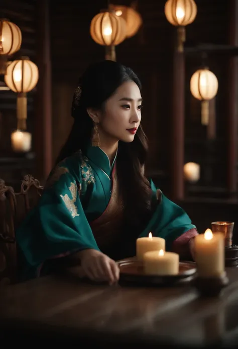 1womanl, 20yr old，((Chinese female celebrity))，Long hair，The camera was shot in the house，Chinese costumes，Gorgeous，the night，Ancient Chinese architecture，Chinese elements，Wooden dining table，((Moon cake))，candlestick，Candle，lantern，