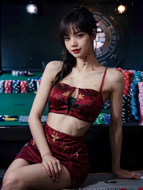 8K，masterpiece，best quality，In the casino，,sitting upright on the chair behind the Gambling table，The gambling table is in front of the girl，Playing cards are placed on the gambling table，Dark Light，crowded crowd，foul atmosphere，A girl，Extremely detailed f...