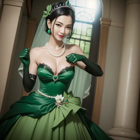 Boyish very short black hair, lipsticks, Japan woman smiling, Green Long Grove,　emerald tiara, Pearl Necklace