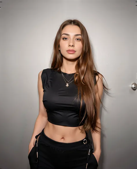 a close up of beautiful 29 yo persian-russian girl [Vladlena Farideh|Anahita Oksaying] long wavy hair wearing a black top, film still, she is wearing a black tank top, leaked image, wearing a sexy cropped top, wearing a black cropped tank top, wearing a cr...