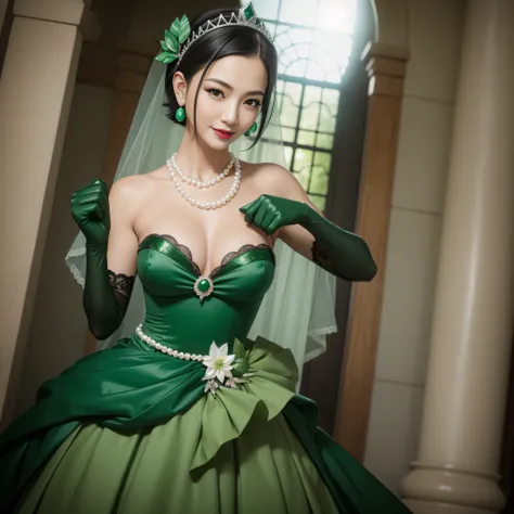 Boyish very short black hair, lipsticks, Japan woman smiling, Green Long Grove,　emerald tiara, Pearl Necklace