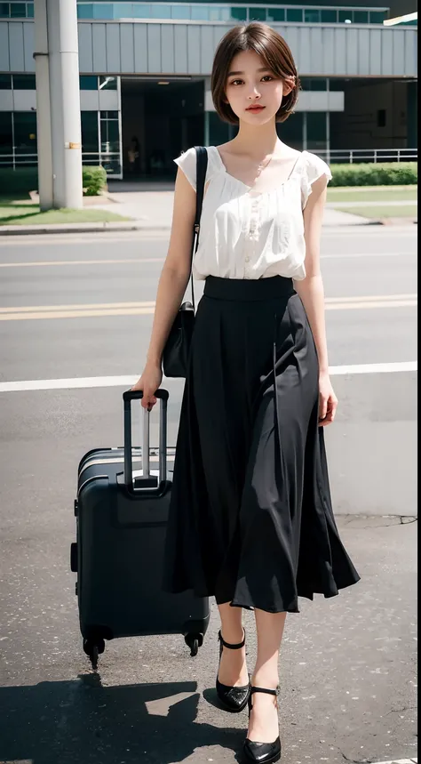 teens girl，photographers，gentle and cute，short detailed hair，（Carry-on baggage），aerodrome，long  skirt