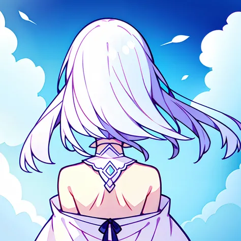 Draw the back of a girl with white hair，beautiful sky