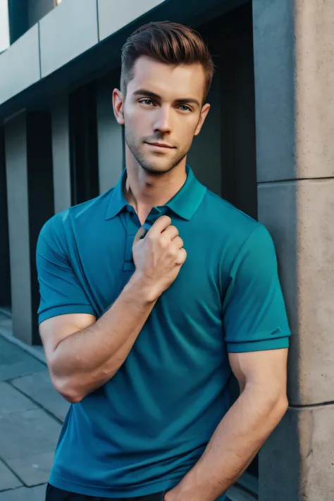 man in a blue shirt posing for a picture on the street, high resolution product photo, in a dark teal polo shirt, lake blue, aqua, lifestyle, jack, wearing a light blue shirt