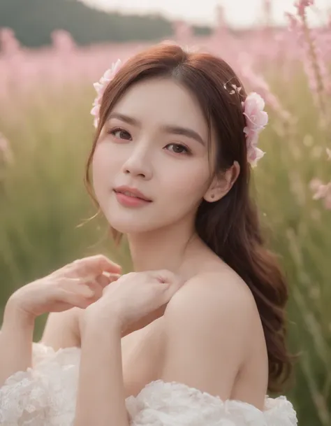 Best quality, Masterpiece, 超高分辨率 (Photorealistic: 1.4), RAW photo, 1 girl, White dress, Bare shoulders, Blooming pink flower field, Glowing skin, Slight smile