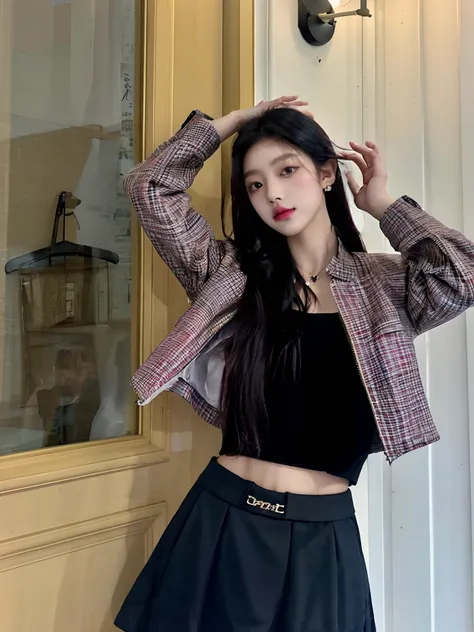 Arad woman in black skirt and plaid jacket, cropped shirt with jacket, wearing jacket and skirt, tzuyu from twice, short skirt and a long jacket, Short jacket, korean womens fashion model, ulzzangs, bae suzy, jisoo from blackpink, blackpink jennie, Casual ...