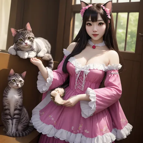 (Real cat)、8K、beautiful  Girl、Adorable costumes、Less exposure 、Good play、Detailed as a photo、(((A hyper-realistic)))