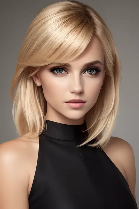 Aesthetic artwork, a woman, blonde hair, black eyes, straight hair, flushed cheeks, full lips, mischievous gaze, light brown skin, short black dress, sexy build,