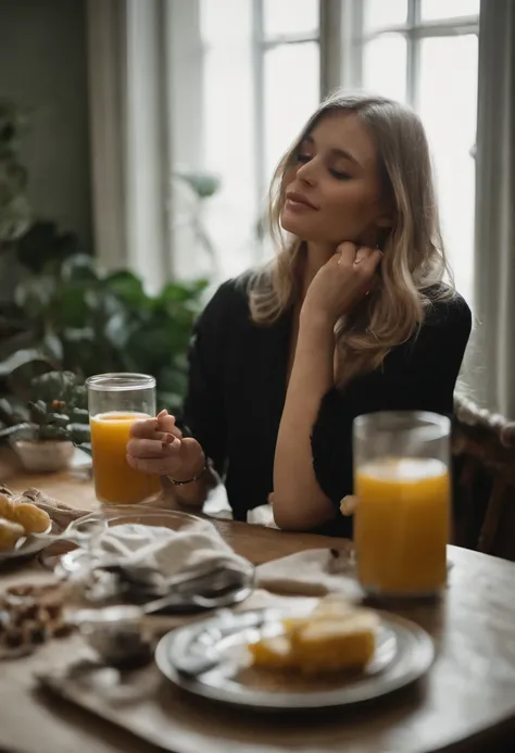 1 femme, long cheveux blond, nuit, mensuration 90-60-90, sitting on a chair having lunch in his apartment in Paris, avec un haut blanc et pantalon noir ,gros plan, 8k, Photo brute, Best quality, Realstic, photo realist, photo en mode selfie