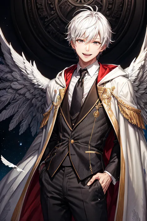 best quality,masterpiece,original,extremely detailed wallpaper,looking at viewer,1boy,male focus,solo,laughing,happy,white hair,hood,formal_dress, black necktie, feathered wings,