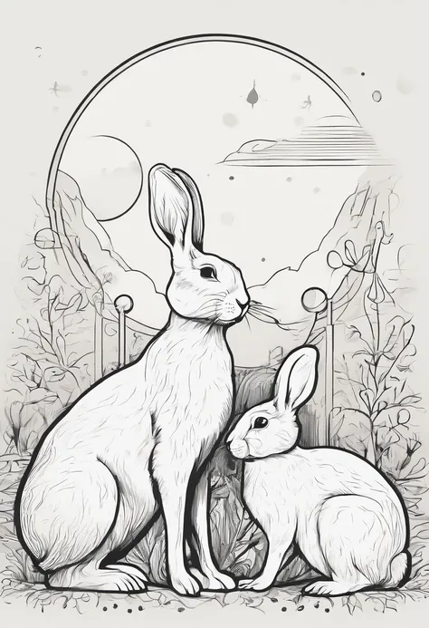 Lots of rabbits，A full moon moon，Minimalist and advanced