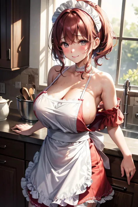 Blushing cheeks、shyly smile、(The 8k quality、Real masterpieces)、(beautiful a girl)、(short hair of red-brown color、hair pin、poneyTail、Floating hair、)Colossal tits、barechested、(((Large size white lace apron on bare skin,、)))、Blush with embarrassment、Enrapture...