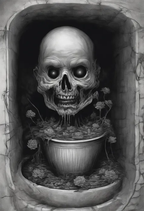 scary picture，Baby human head in a flower pot，No eyeballs，open open mouth，bleed，nigth