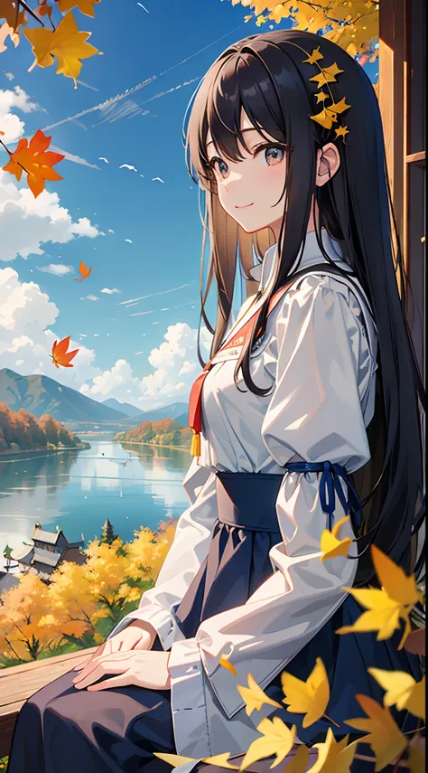 Pretty girl、Light blue long hair、Black eyes、a smile、Brown dress、autumnal、Pasture、Red maple tree、Yellow ginkgo tree、Clear lake、Large clouds、blue open sky、Autumn weather、HD Detail、wet watermarks、Hyper-detailing、movie、surrealism、Soft light、Deep field focus bo...